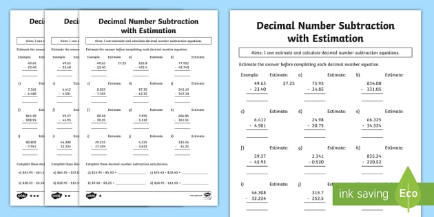 Decimal Number Subtraction with Estimation Worksheet