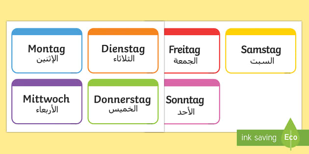 free  deutsch arabische wochentage wortschatz karten