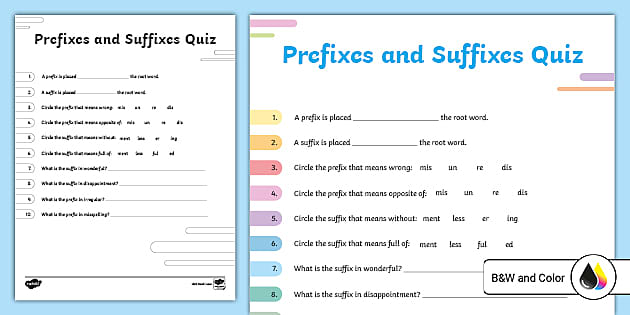 Prefixes and Suffixes Quiz (professor feito) - Twinkl