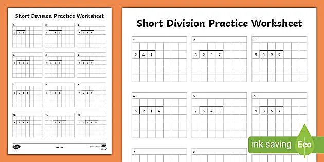 year 5 short division practice worksheet classroom resource