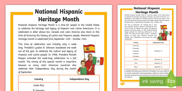 Hispanic Heritage Month Fact File ELA 5th Grade Twinkl