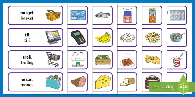 Fun Word Cards for the Supermarket in Welsh/English - Twinkl