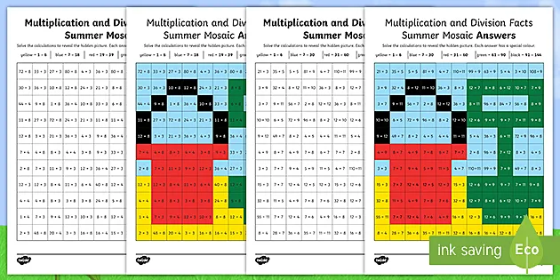 ks2 summer themed multiplication and division facts mosaic worksheet