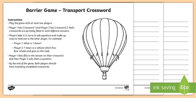 Transport Barrier Game Crossword (teacher made) Twinkl