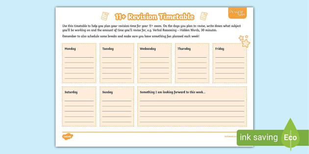 11+ Revision Timetable (teacher made)