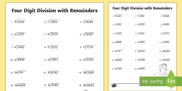 Four-Digit Division with Remainders Activity