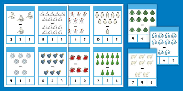 Kindergarten Winter Subtraction Within 10 Matching Clip Cards