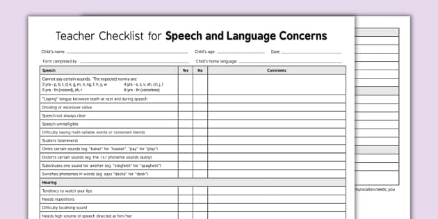 Speech and Language Development Teacher Checklist
