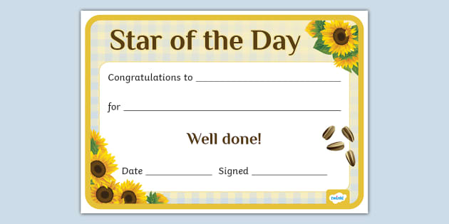 Sunflower-Themed Star of the Day Certificate (Teacher-Made)