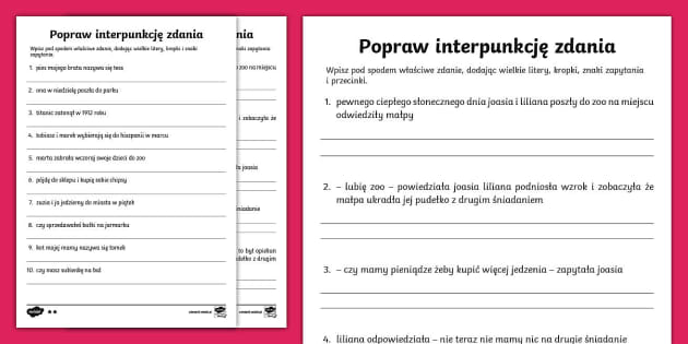 Rozbiór Logiczny Zdania Karta Pracy Popraw interpunkcję zdań | Karta pracy | Język polski