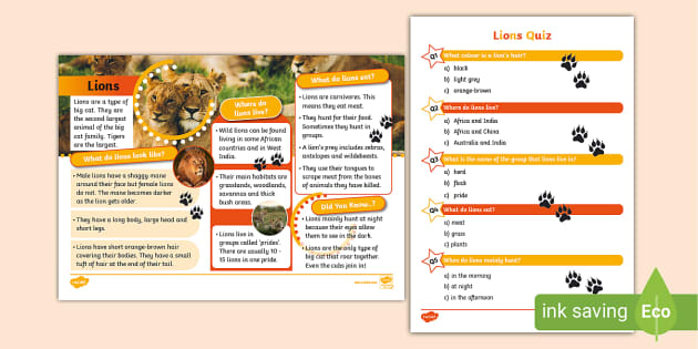 Lion Fact File and Quiz - KS1 - Animals (teacher made)