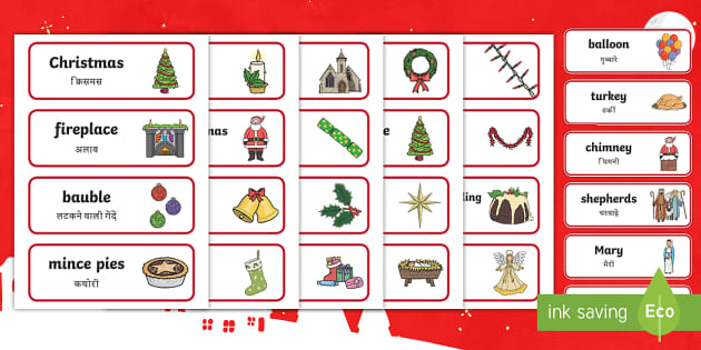 Christmas Topic Word Cards English/Hindi (teacher made)