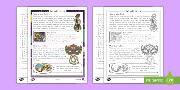 Second Grade Mardi Gras Reading Comprehension Activity