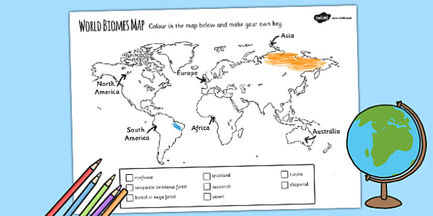 World Biomes Map Colouring Worksheet / Activity Sheet - Biomes