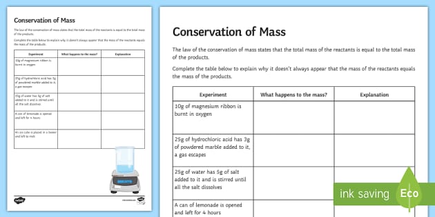 Conservation of Mass Worksheet - Science Resource - Twinkl