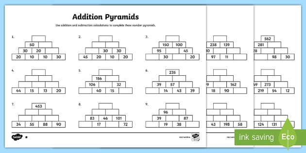 addition pyramids to 999 differentiated activity sheets