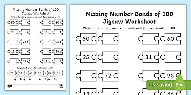 missing number bonds of 100 jigsaw worksheet