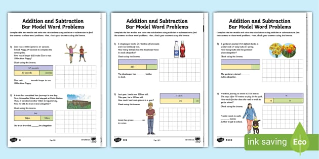 👉 Bar Model Addition and Subtraction Word Problems, Year 3