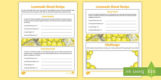 Lemonade Stand Math Problems Recipe Activity