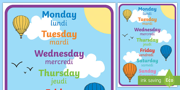 French Language School Poster Days of the Week Bilingual Chart 18x24 inches 