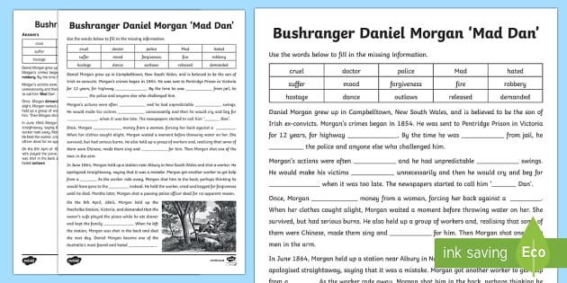 Bushranger Daniel Morgan Cloze Worksheet / Worksheet-Australia