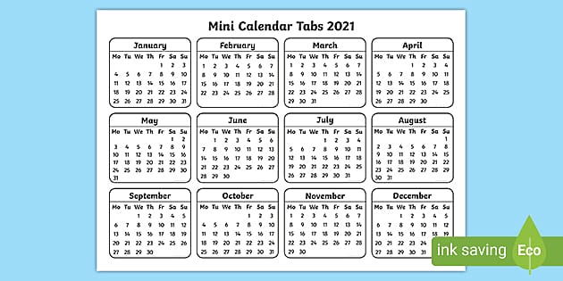 Miniature Calendar 2022 Mini Calendar Tabs 2021 | Primary Resources - Twinkl