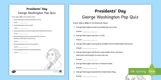 Presidents Day George Washington Pop Quiz