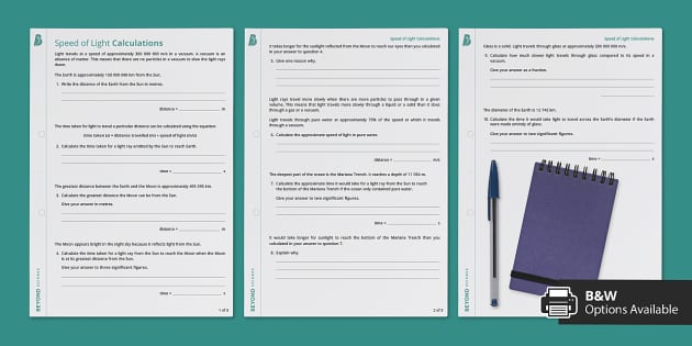 Speed of Light Worksheet DCJSSS