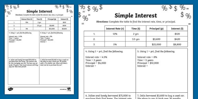 Seventh Grade Financial Literacy Planning: Simple Interest
