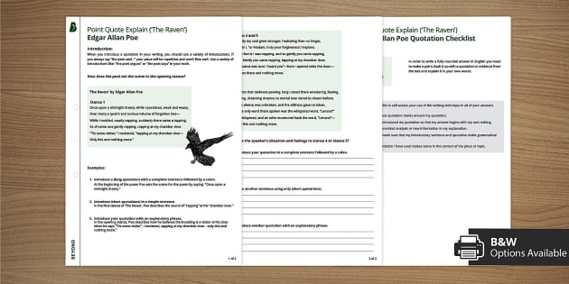 Point Quote Explain Activity Sheet 'The Raven' Edgar Allan Poe