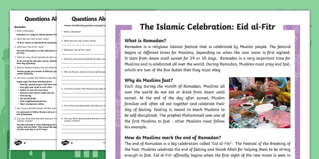 KS2 Eid Al Fitr Differentiated Reading Prehension Activity
