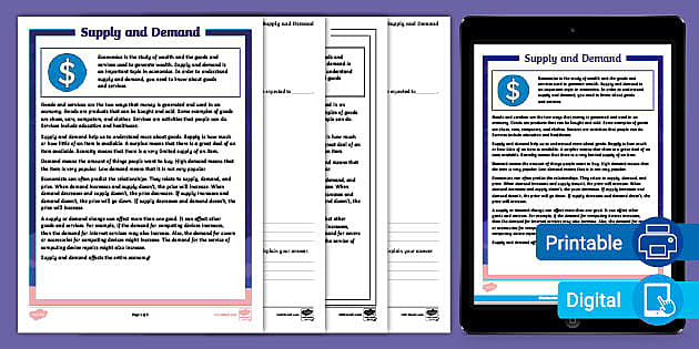 Third Grade Supply And Demand Reading Comprehension Activity