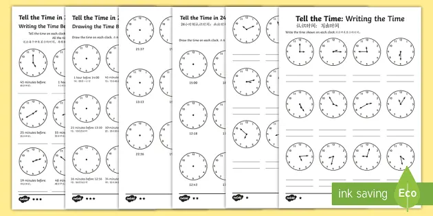 tell and write the time differentiated worksheets english mandarin chinese