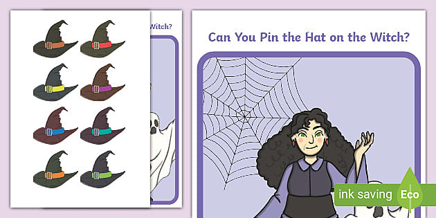HALLOWEEN PIN THE HAT ON THE WITCH PARTY GAME POSTER BLINDFOLD CUTOUTS 