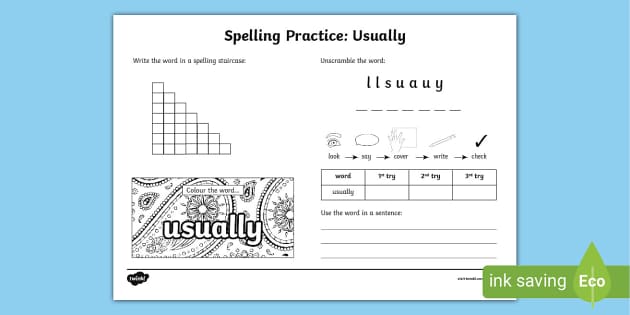 Usually Spelling Practice Worksheet (Hecho por educadores)