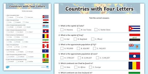 10 Countries with 4 Letters Quiz (teacher made) - Twinkl