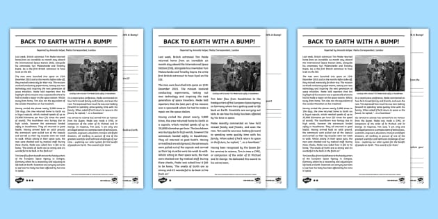 Back To Earth Newspaper Report Reading Comprehension Activity