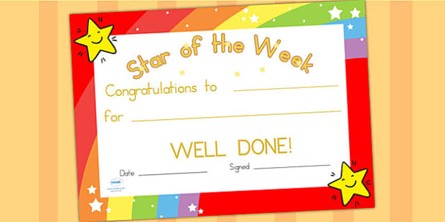 Star of the Week Certificate - award, reward, certificate, star