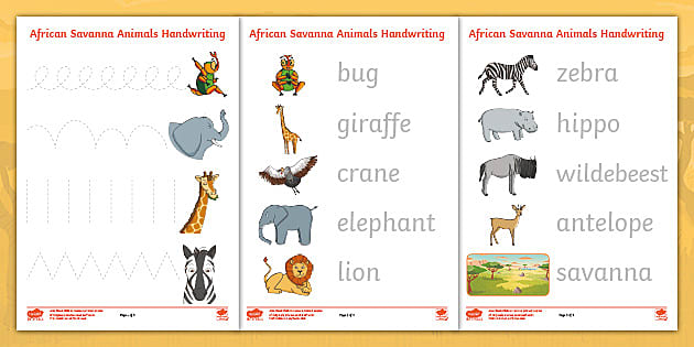 African Savanna Animals Handwriting Worksheets - Twinkl