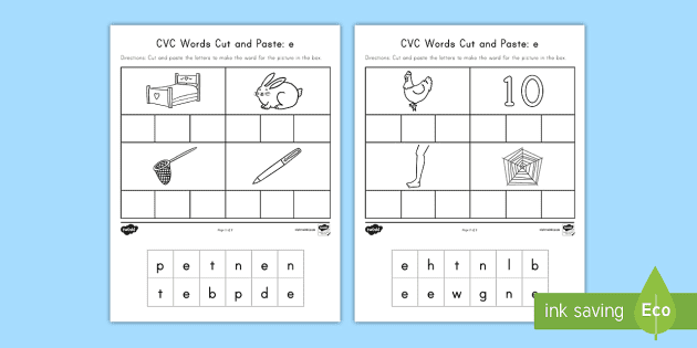 cvc words e cut and paste worksheets teacher made