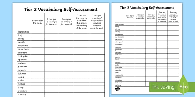 Tier 2 Vocabulary Self Assessment Checklist Teacher Made
