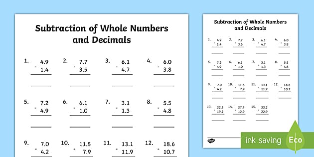 Subtraction of Whole Numbers and Decimals Worksheet Twinkl