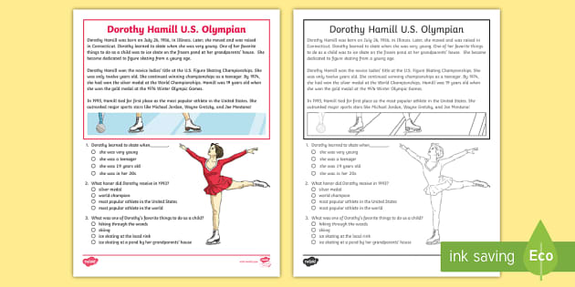 Third Grade Dorothy Hamill U S Olympian Reading Passage Comprehension