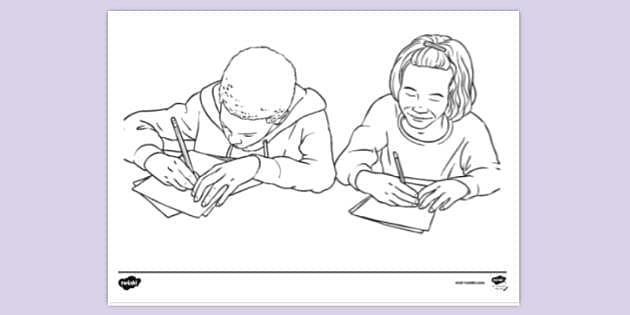 Free Two Children Writing Colouring Colouring Sheet