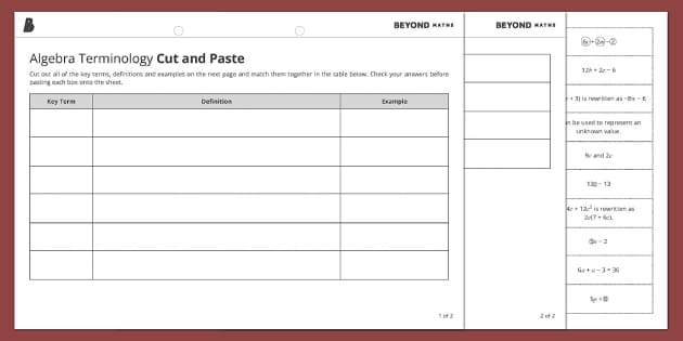 Algebra Terminology Cut and Paste Activity - Beyond Maths