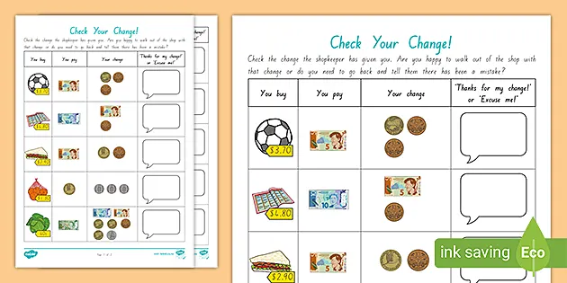 new zealand check your change worksheet teacher made