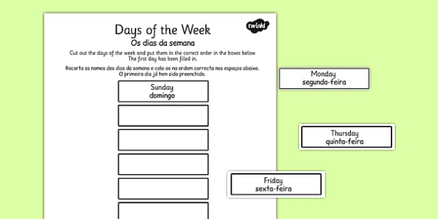 Days of the Week Flashcards English/Portuguese - Days of the Week