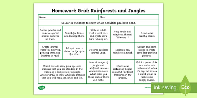 Rainforest and Jungle Themed Homework Grid - Homework, home