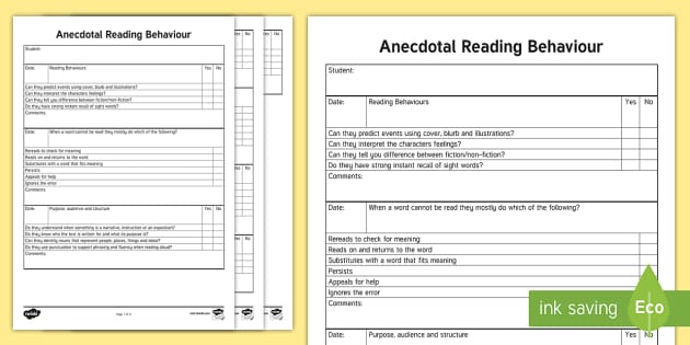Years 1-2 Anecdotal Early Reading Behaviours Checklist