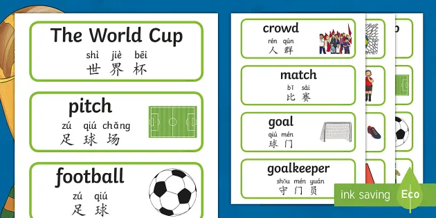 The World Cup 18 Word Cards English Mandarin Chinese Pinyin